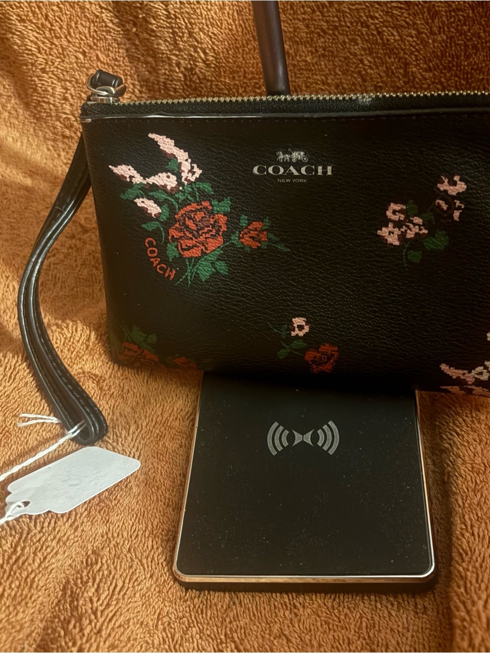 #36 Coach Black Floral Leather Wristlet w/ Red & Pink Blooms Creed: K1780-F26217